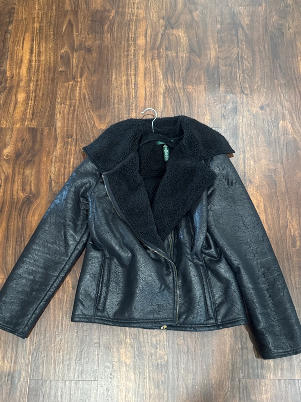 Ralph Lauren Black Faux Shearling Asymmetrical Zip Jacket sz M